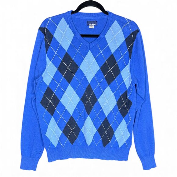 Women's Blue Argyle Preppy Academia Twee V-Neck Pullover Sweater - Size XL - Picture 1 of 5